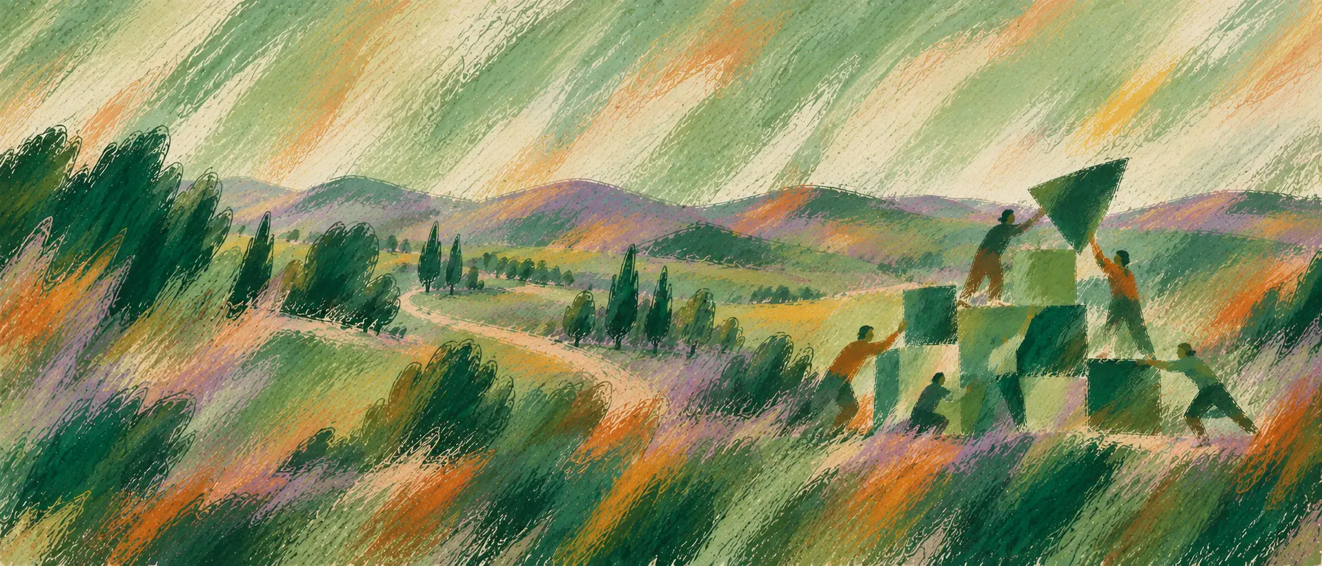 Ilustração pintada de uma paisagem com figuras a construir em conjunto